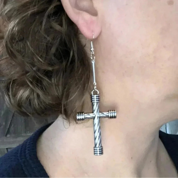 3 for $25/ Big Beautiful Cross Christian Silver Drop Earrings - Picture 2 of 4